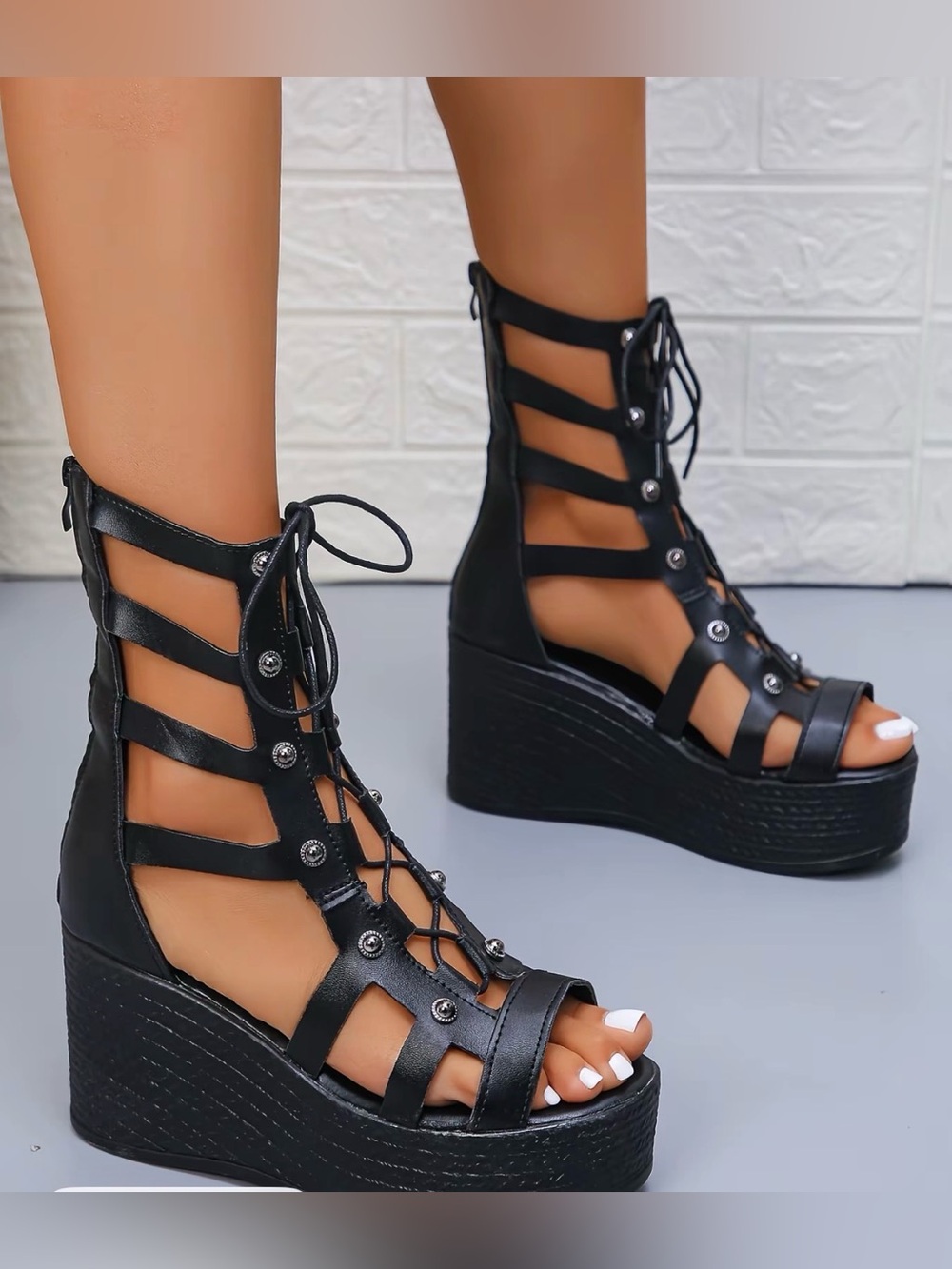 Gladiator Lace-Up Platform Wedge Sandals - Black
